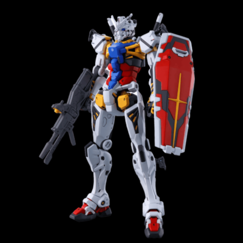 HG GQuuuuuuX White Gundam-bouwpakket met een wit, rood, blauw en geel pantser en een rood schild met een geel kruis.